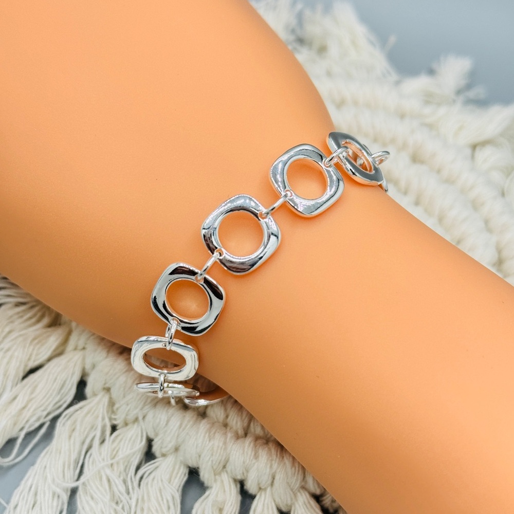 925 Sterling Silver Round Ring Charm Chain Bracelet - Picture 5 of 8